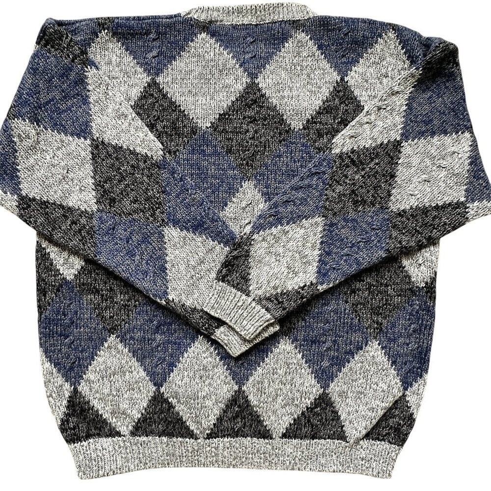 VTG HENRY GRETHEL Sweater Argyle‎ Gray Blue XL Y2K 90s Handframe Knit Abstract - Picture 4 of 12